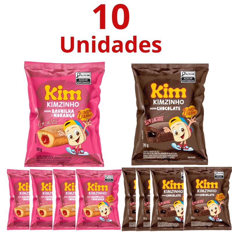 Kit Mini Bolo Kim Com 10 unid - Kit Recreio Escolar, Kit Café Da Manhã - Mini Bolo Kim (morango e chocolate) 70g
