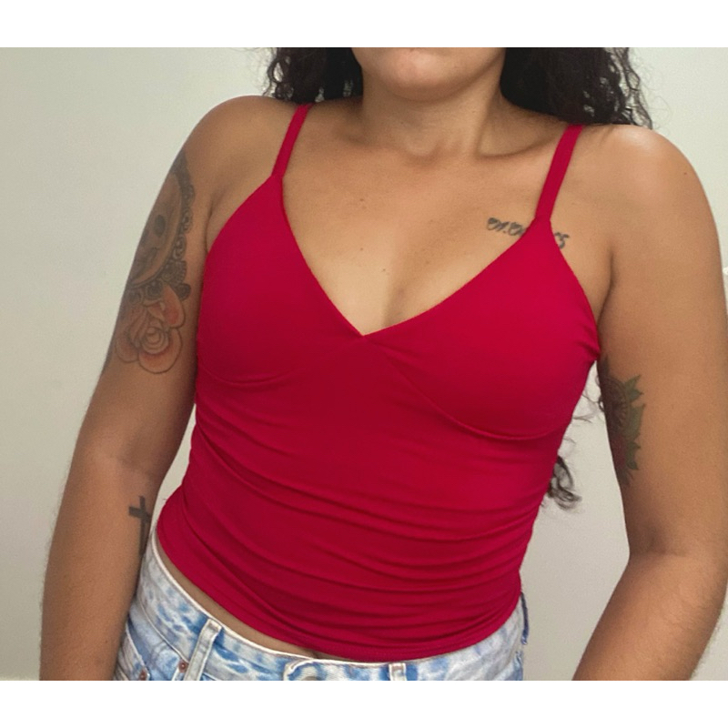 TOP TUBE CROPPED DECOTE V ALÇA FINA FORRO DUPLO NO BUSTO