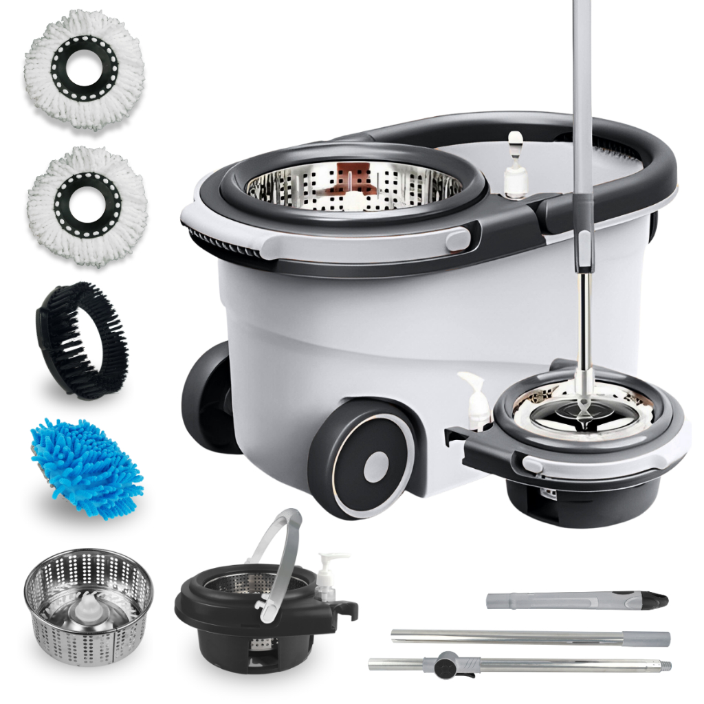 Mop Giratório Com Cesto Em Inox Cinza - Cabo 150cm - Completo - CH