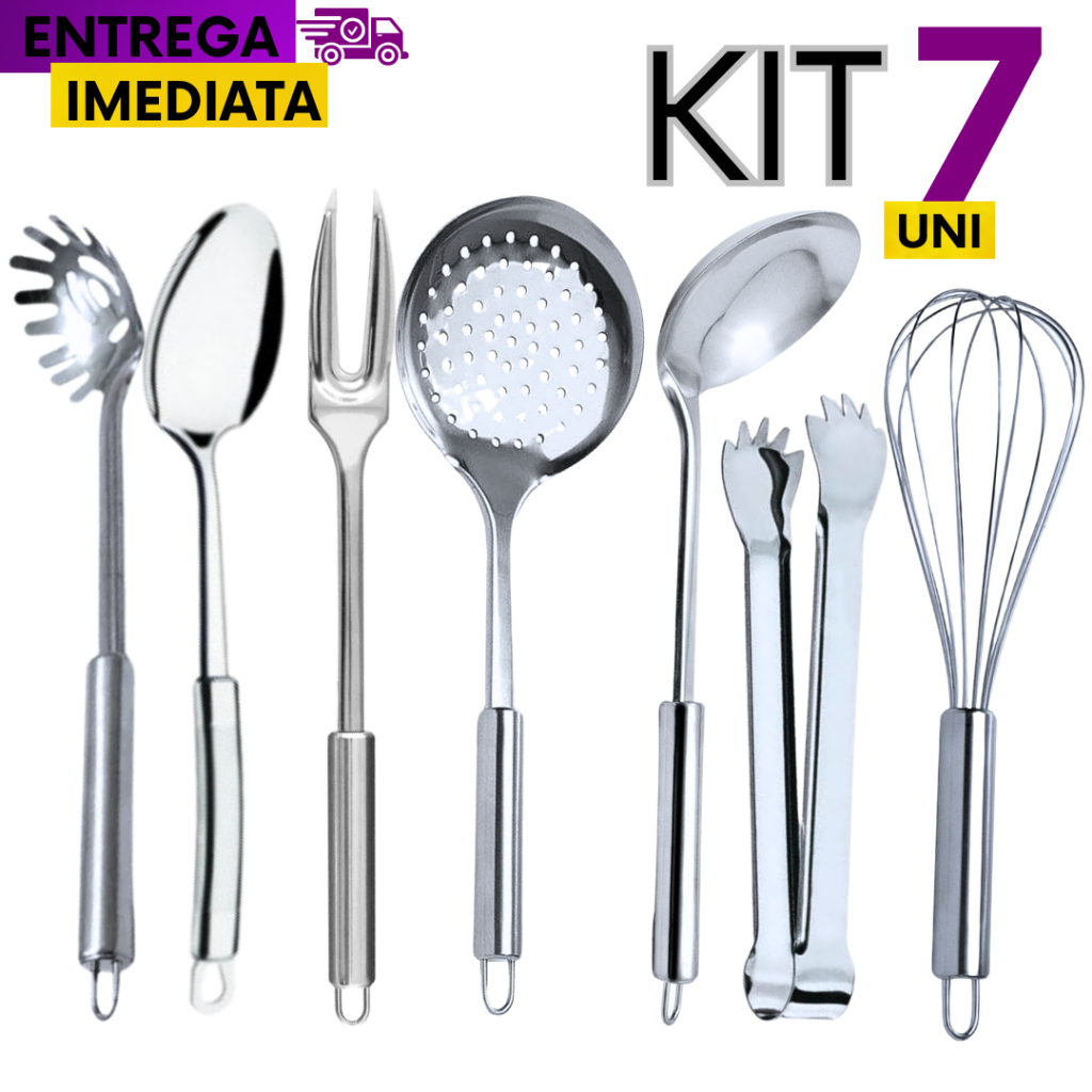 Kit 7 Unidades Inox Concha Escumadeira Colher Arroz Pegador Massa Garfo Trinchante Batedor fue + Pegador de Carne