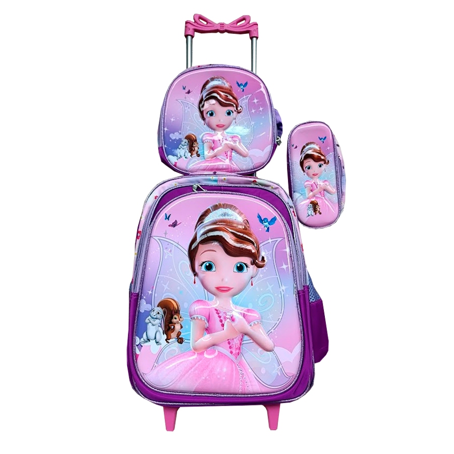 Kit Mochila Princesinha Sofia em 3D com Rodinhas + Lancheira Térmica + Estojo Escolar em Alto Relevo
