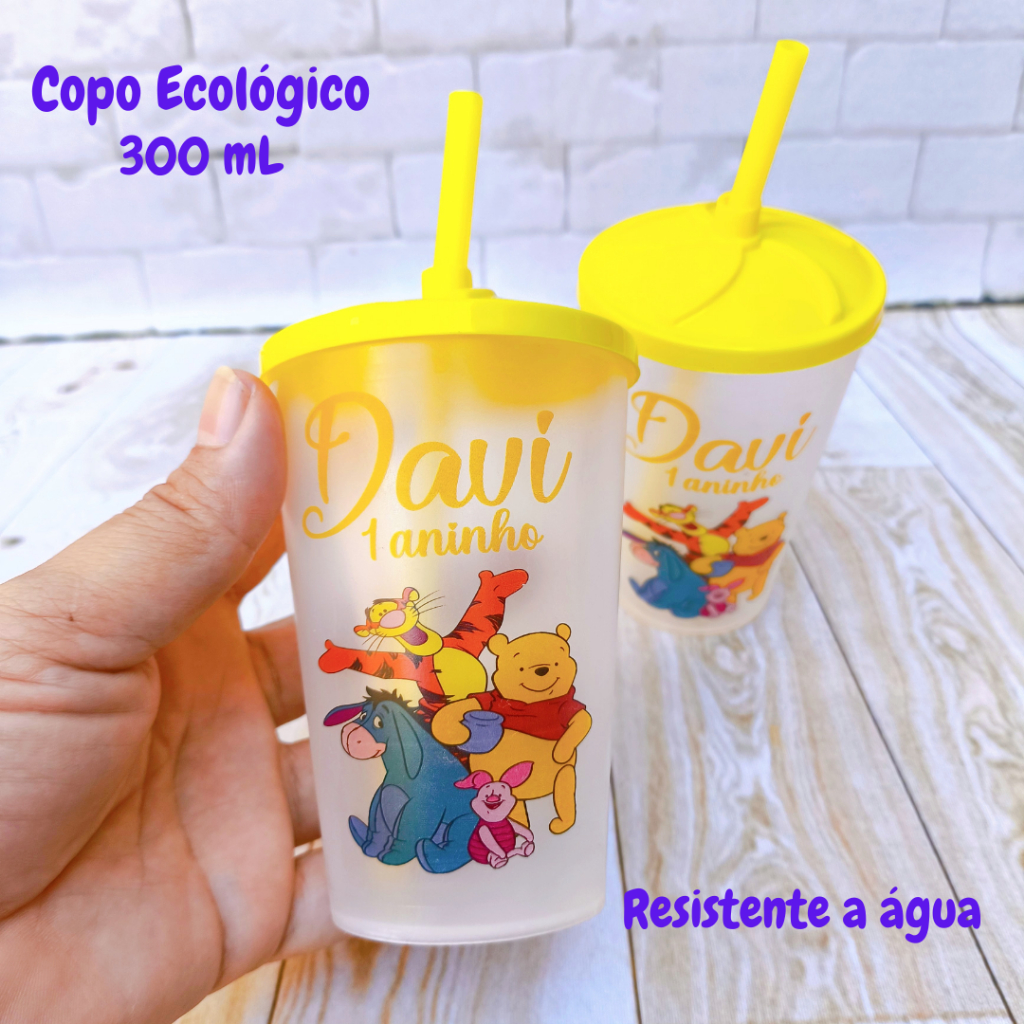 Kit Copo Personalizado Ecológico Ursinho Pooh  Lembrancinhas de Aniversário Infantil