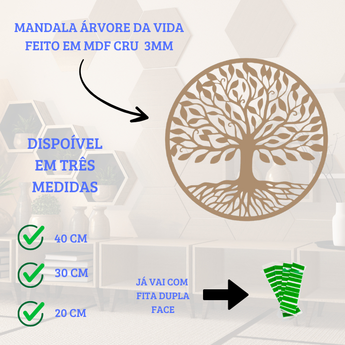 QUADRO MANDALA ÁRVORE DA VIDA EM  MDF CRU 40cm + Kit Instalação
