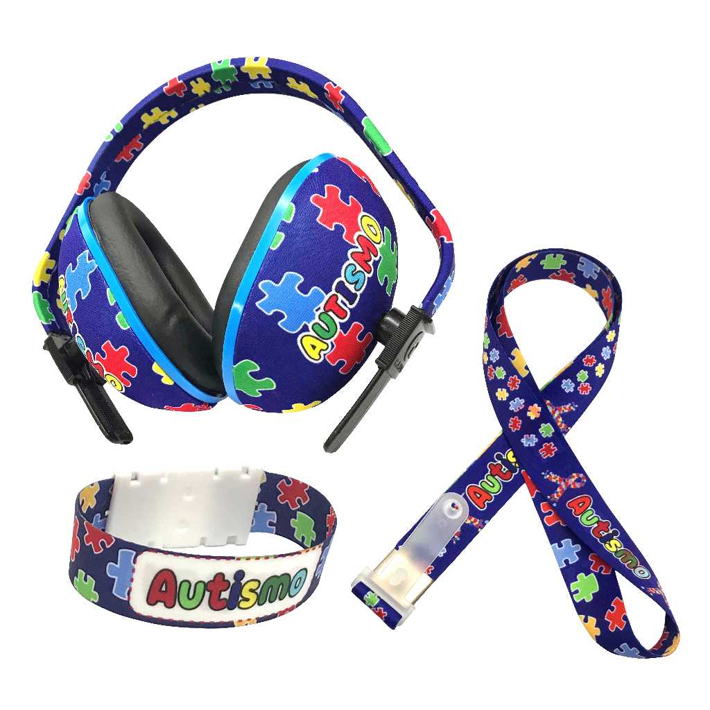 Kit Autismo Abafador Protetor De Ouvido Concha Cordão E Pulseira Quebra Cabeça Azul Criança