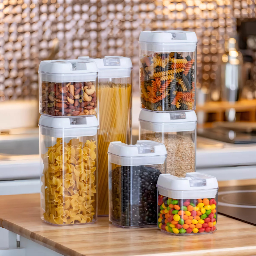 Kit Potes Herméticos Acrílico Alimentos Com Trava Porta Mantimentos Transparente Cozinha Organizador Dispenser de arroz