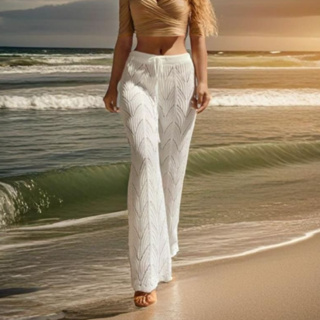 Calça Pantalona Foliada Nervura Cintura Alta Tricot Crochê Saída de Praia Ajustável 98cm em Oferta na Shopee
