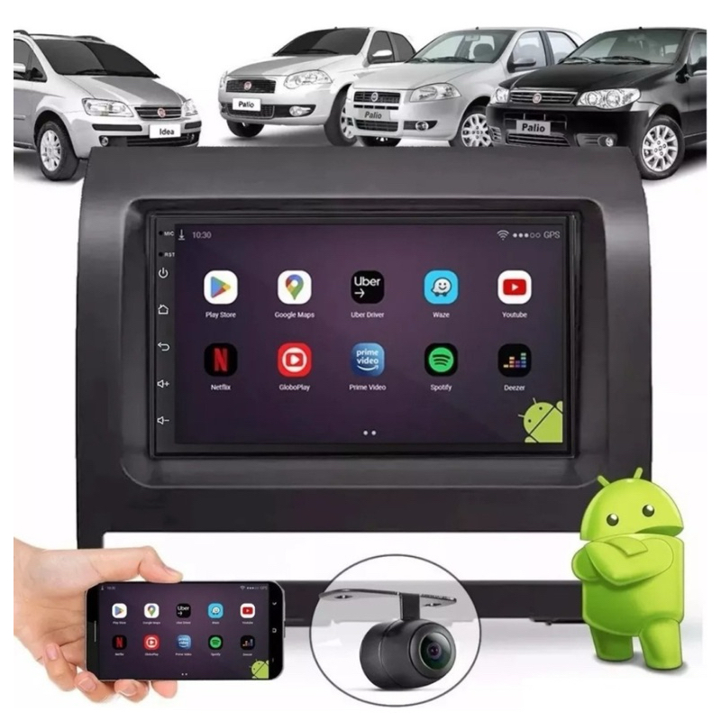 Kit Multimídia Android CarPlay GPS Wi-Fi Palio Siena Strada 2003 até 2012 + Moldura + Camera de ré