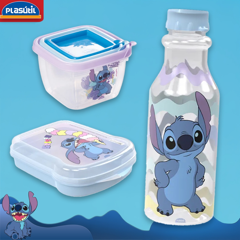Kit Stitch Garrafa 500ml + Sanduicheira + 3 Potes Plástico Disney Cozinha Lancheira Lanche Volta Aulas Escola Plasútil