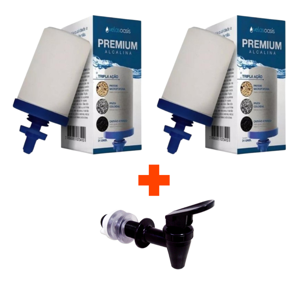 Kit 2 Vela Filtro De Barro Carvão Ativado, Prata Coloidal Tripla Ação Oasis + 1 Torneira Marrom Preta Branca