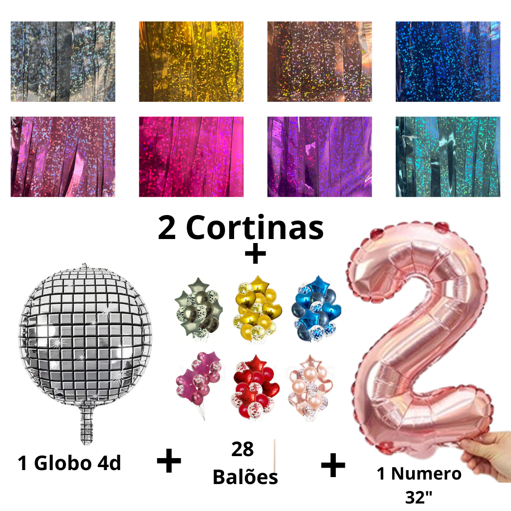 2 Cortina Holográfica + 1 Globo Metalizado + 28 Balões Bexigas + 1 Número de 32" (80cmm)