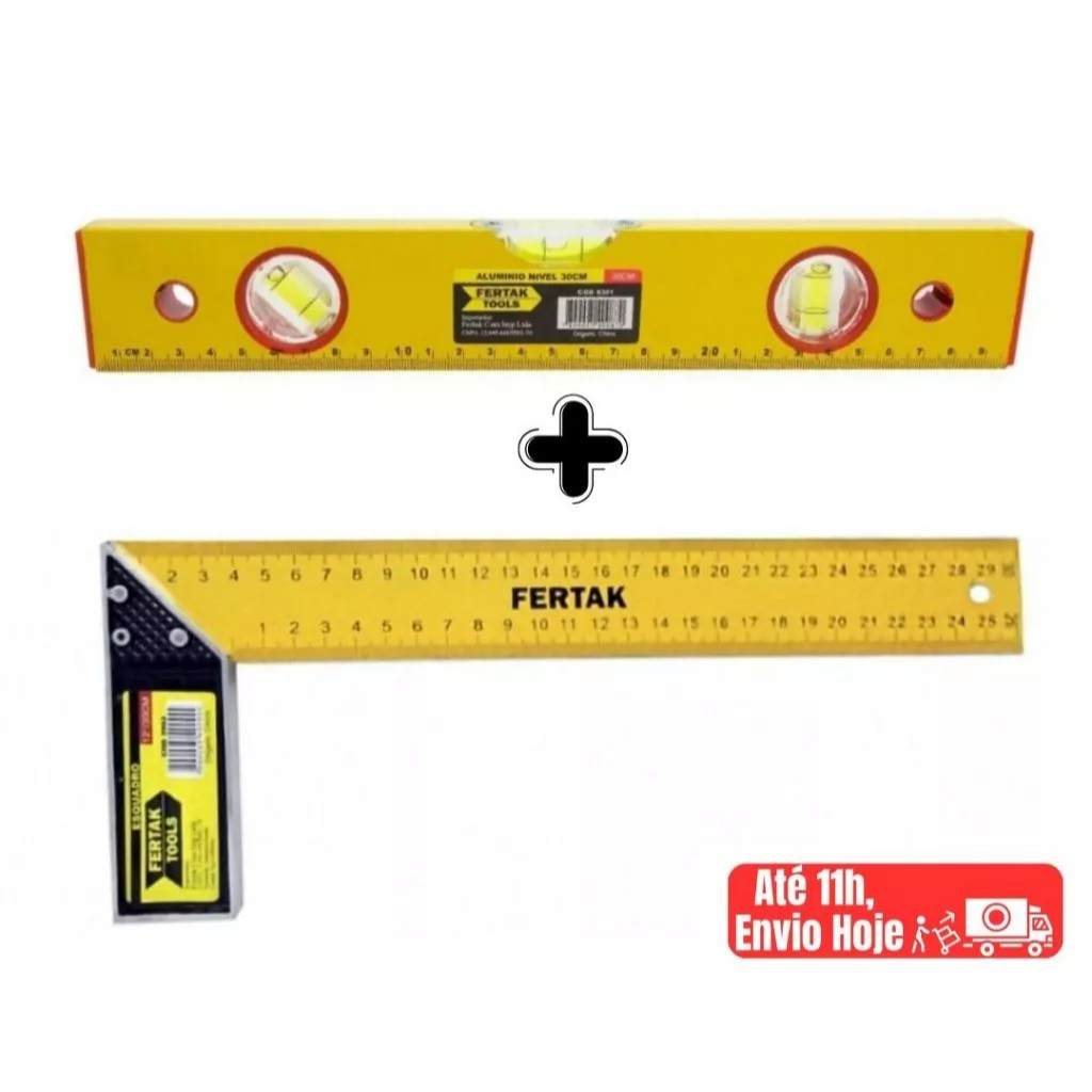 Esquadro Metal 10 Polegadas 25cm + Nível De Alumínio 3 Bolhas - FERTAK obra