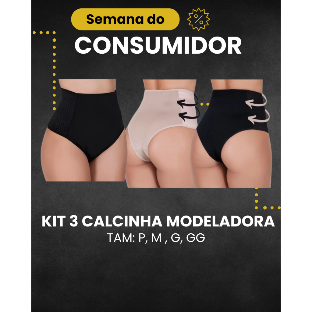Kit 03 Calcinhas Cinta Segura Barrinha Modeladora Compressão Cós Alto