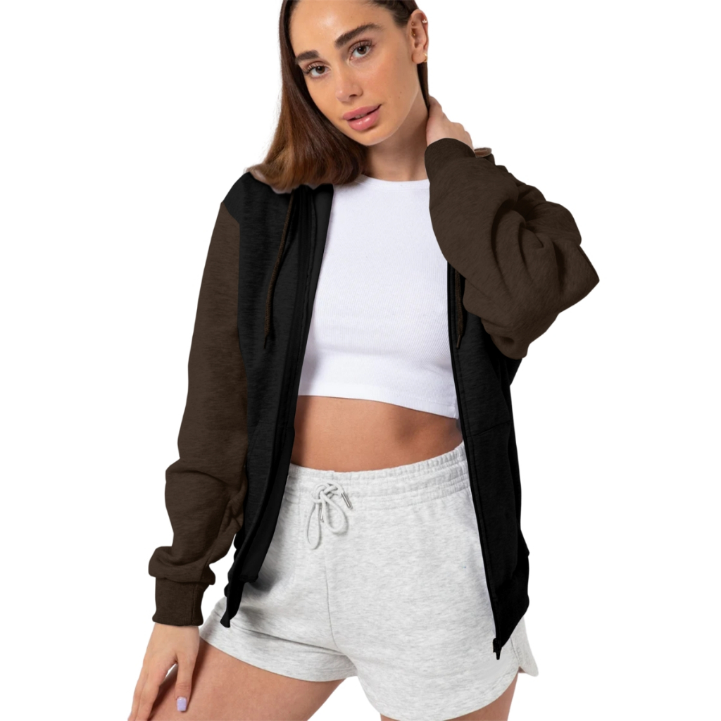 Blusa Moletom Feminina de Zíper Com Capuz e Bolso Canguru 2 Cores Estilo Casual Liso