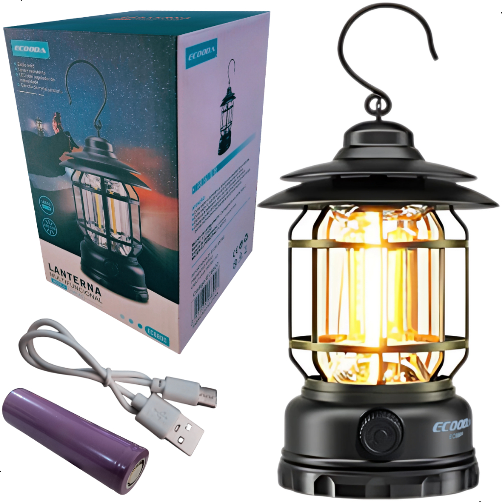 Lampião Lanterna luminária Retrô LED Camping Bateria Recarregável USB Eficiente Seguro Luz Regulável Ecooda EC6800 em Oferta na Shopee