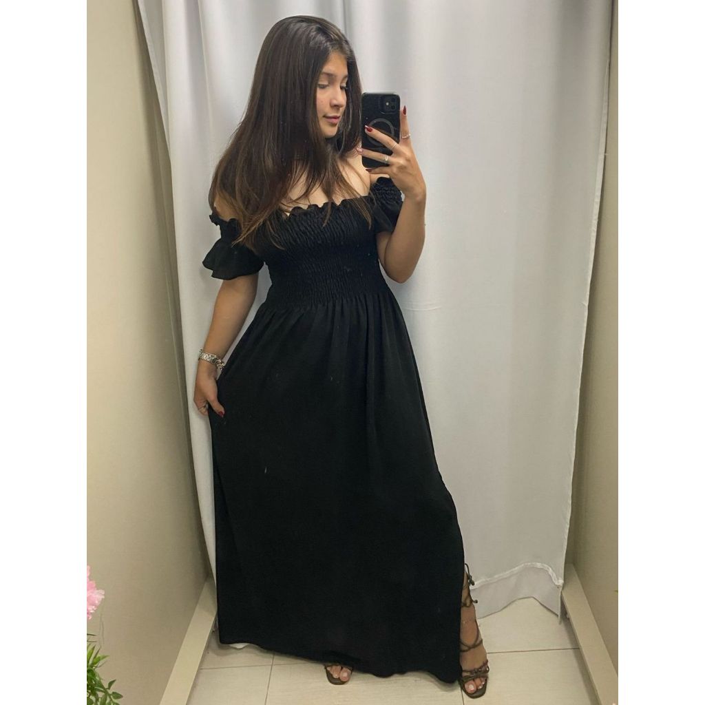 Vestido Longo Ciganinha Ombro à Mostra Lastex no Busto