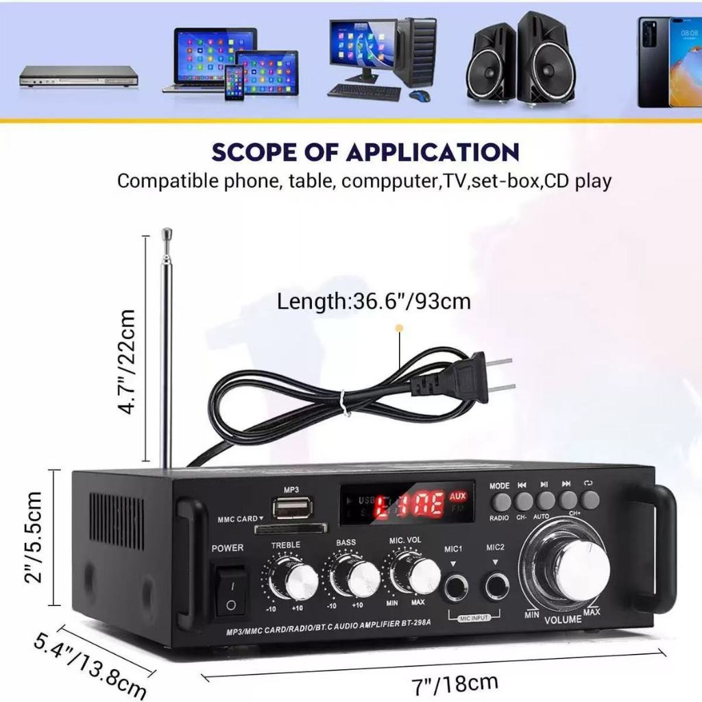 Mini Amplificador De Potência De Áudio 12V/220V/110V 2CH 300W + 300W Para Uso Doméstico Em Carro BT Receptor Digital AMP