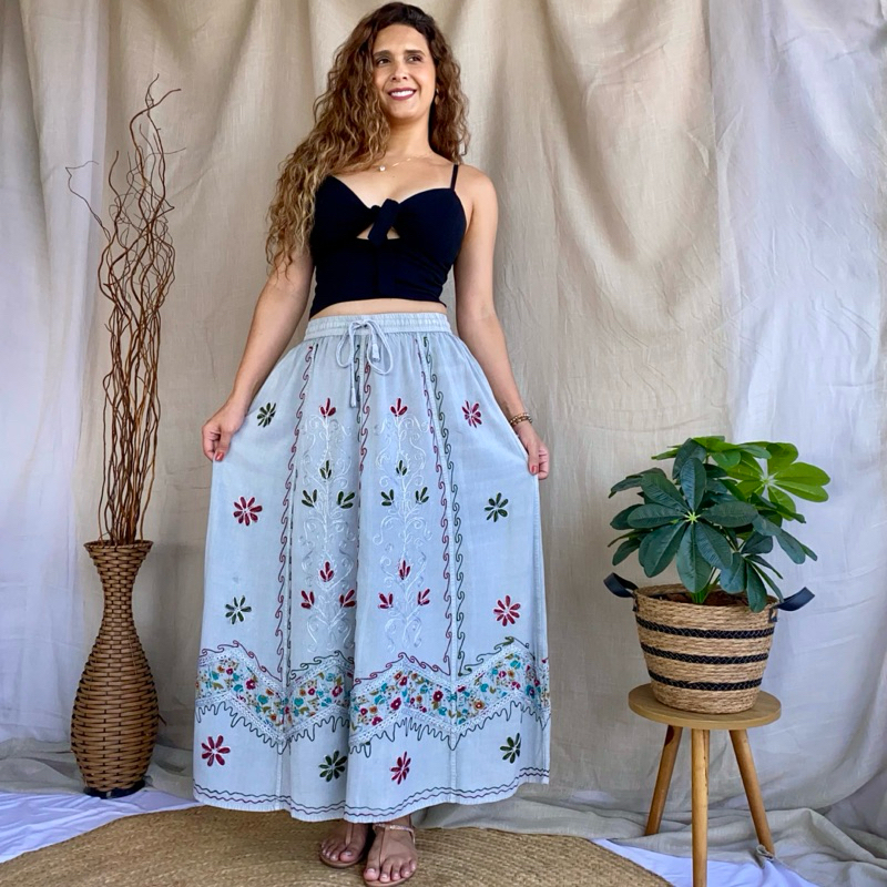 Saia Indiana Longa Hippie Cigana Moda Indiana Bordada Boho Estilo Alternativo em Oferta na Shopee