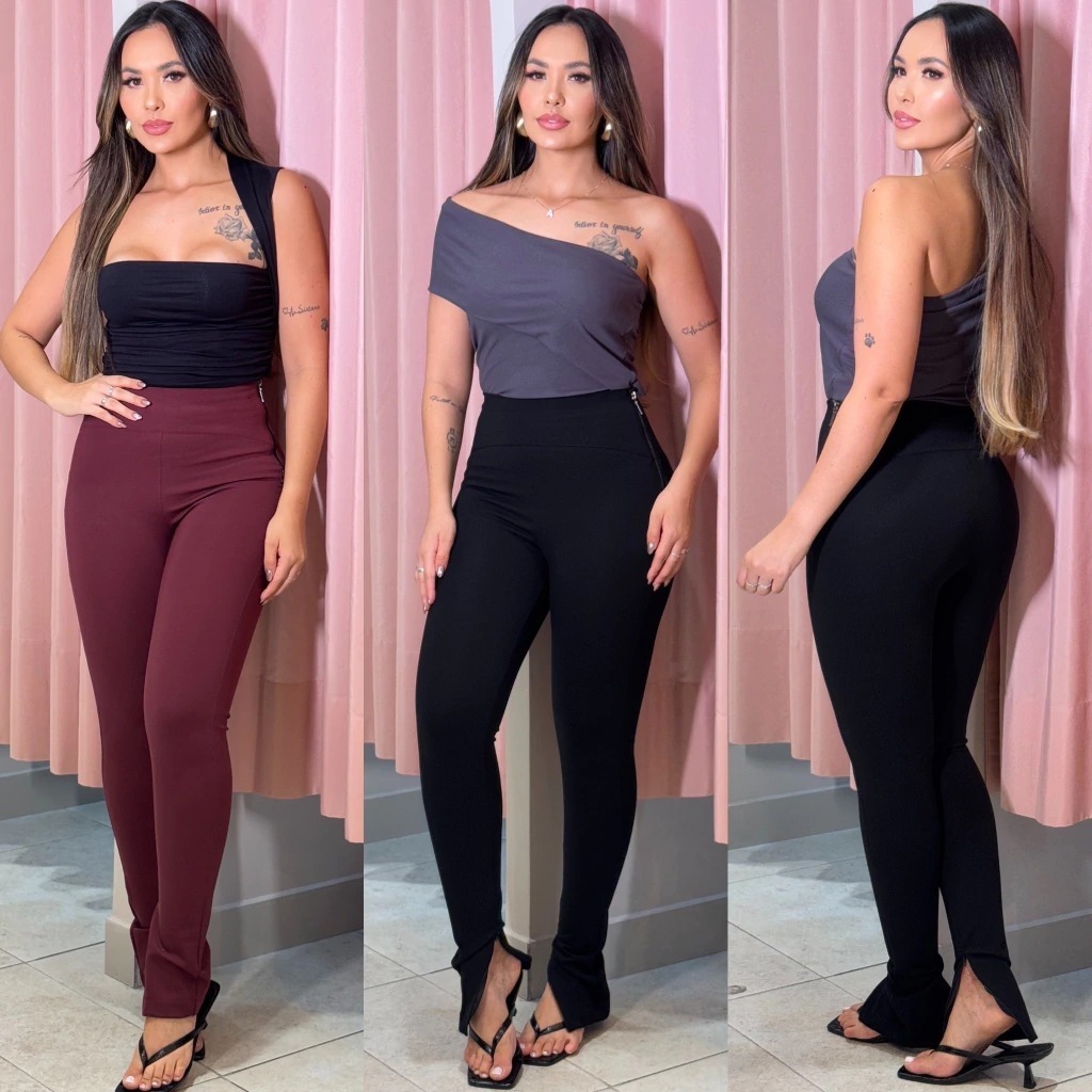 Calça Feminina Lipo Cintura Alta Montaria com Zíper Groovy Forever Preta Vinho