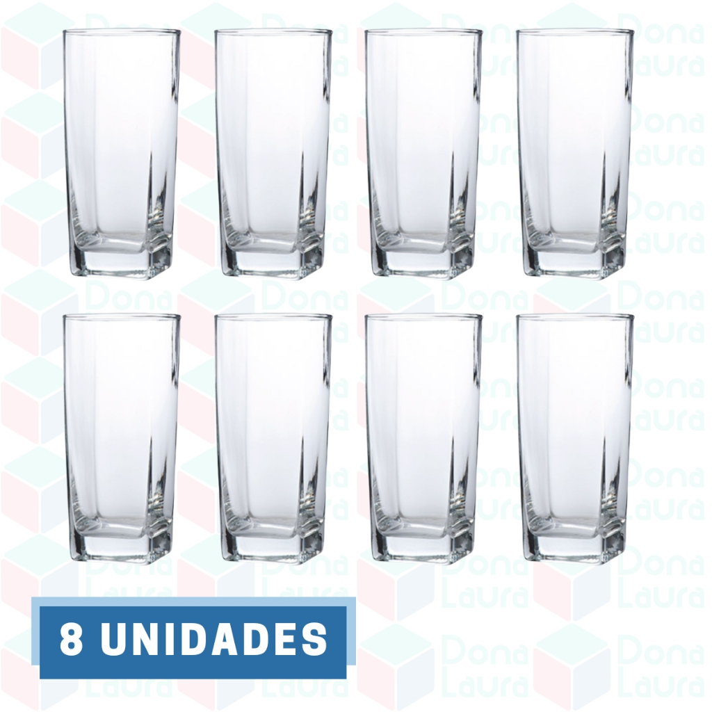 Conjunto Com 8 Copos Vidro Bali Quadrado 320ml Transparente