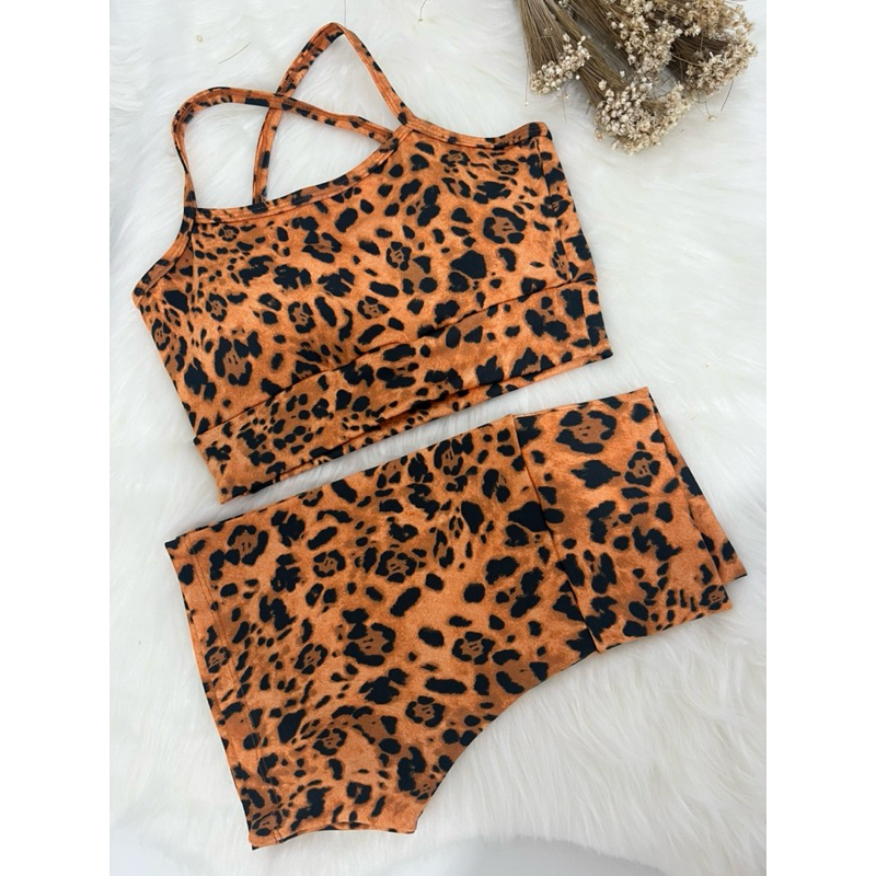 Conjunto Short e Top Fitness Feminino Academia Cintura Alta Cruzado Oncinha Onça Básico Minimalista