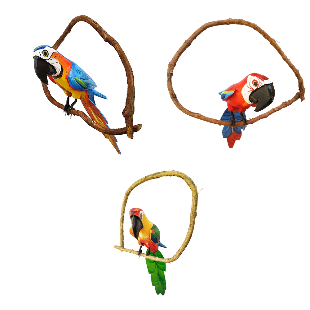 Kit 3 Araras Pássaros De Madeira No Cipó Grande Artesanal Decoração em Oferta na Shopee