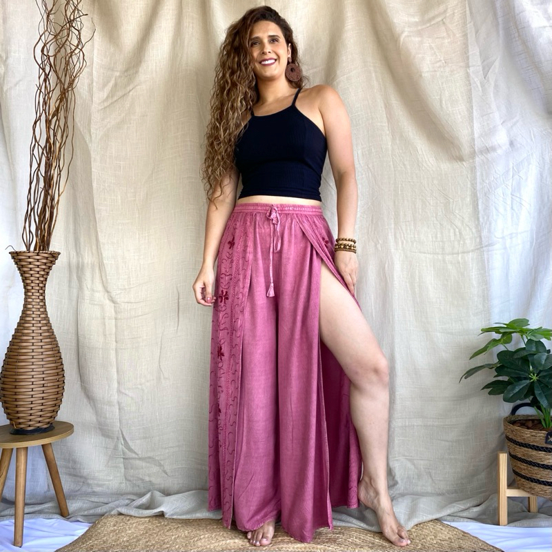 Calça Indiana Pantalona Com Fenda Bordada Moda Feminina Hippie em Oferta na Shopee