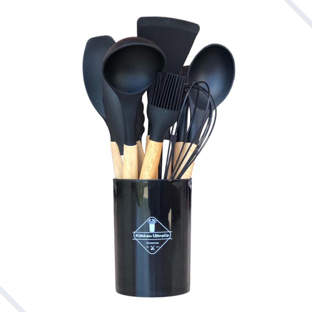 Jogo de Cozinha Kit C/12 Pçs de Silicone Utensílios e Copo Suporte para Cozinha Preto