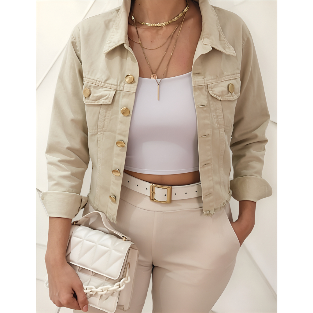 Jaqueta Feminina Jeans Colorida Bege Nude Moda Cropped Promoção