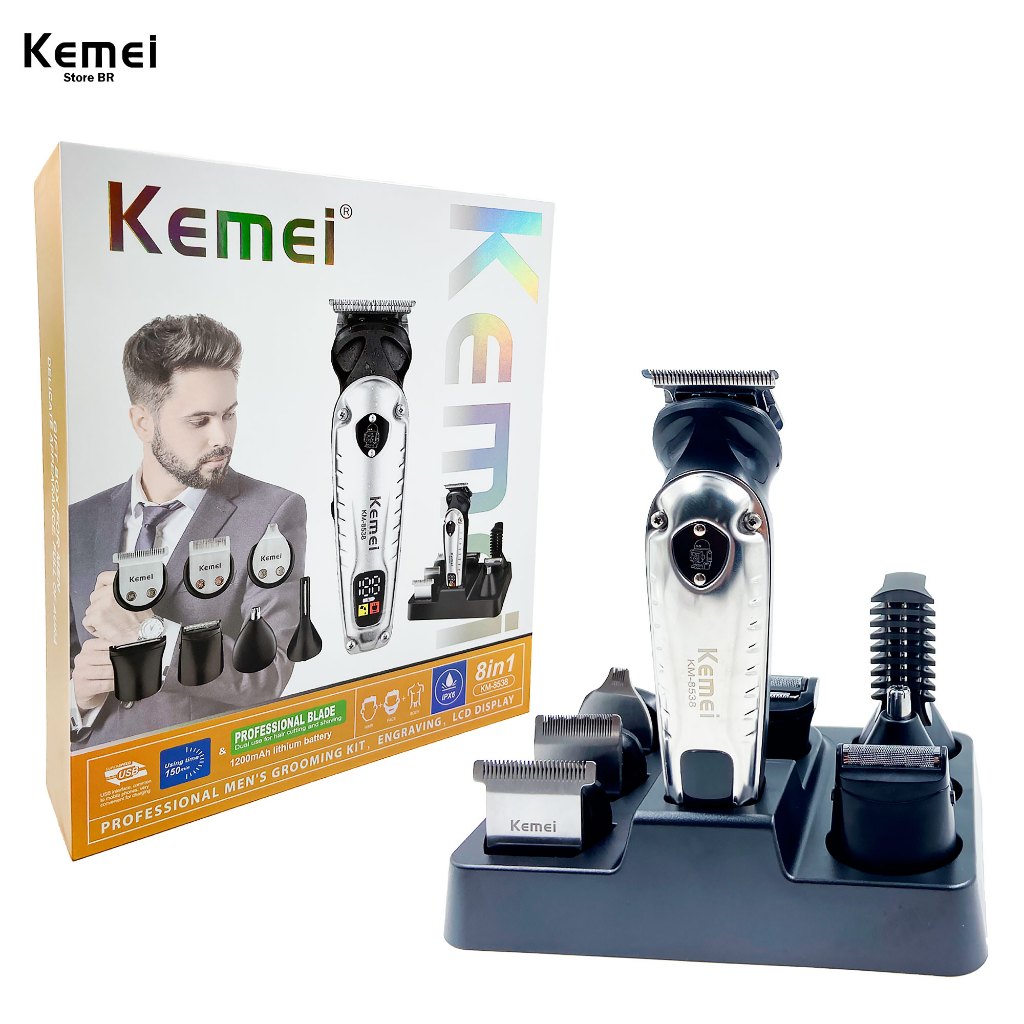 KEMEI 8 EM 1 KM-8538 5W 150 MINUTOS DE USO BIVOLT SEM FIO PORTATIL IPX6 PARA CABELO ROSTO E CORPO