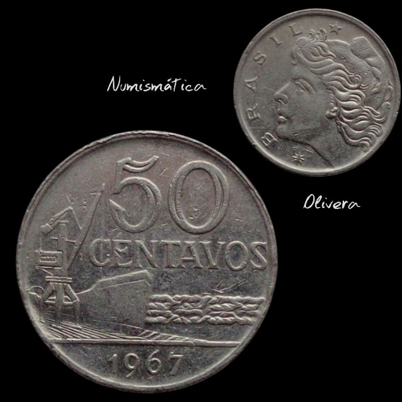 Moeda antiga Brasil 50 centavos 1967.