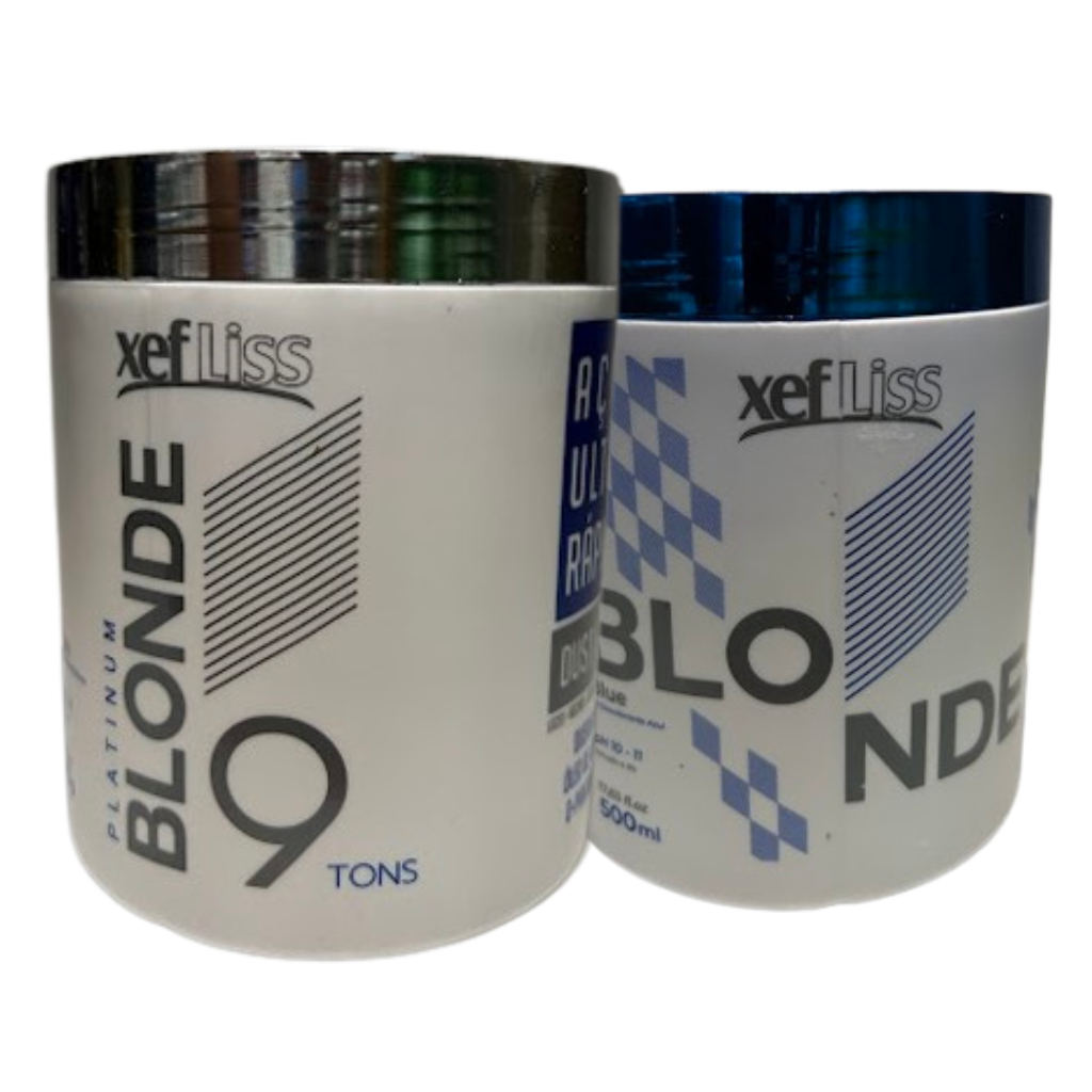 Kit Pó Descolorante Branco Blonde Abre 9 Tons + Pó Descolorante Azul Blonde Abre 9 Tons Xef Liss (500g)
