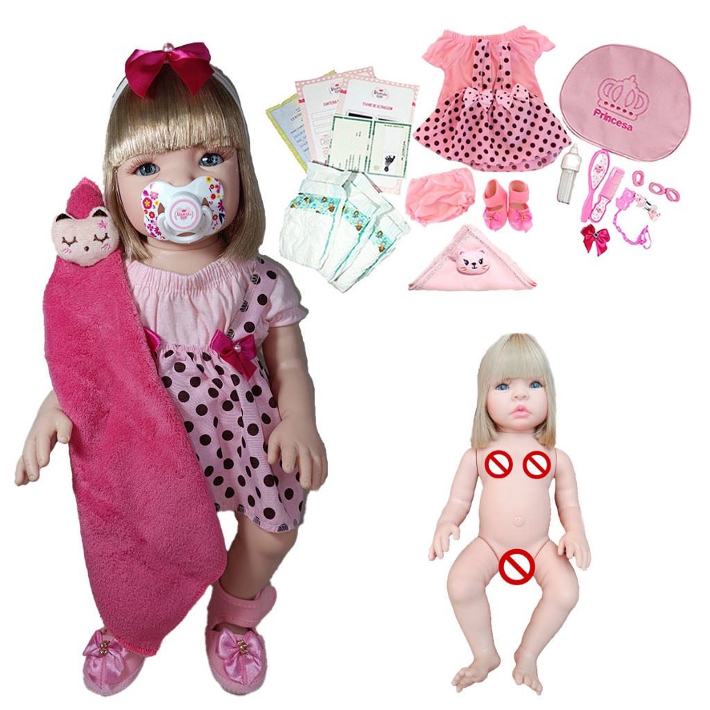 Bebe Reborn Silicone Menina Pode Dar Banho + Bolsa + Pelúcia - 48cm!