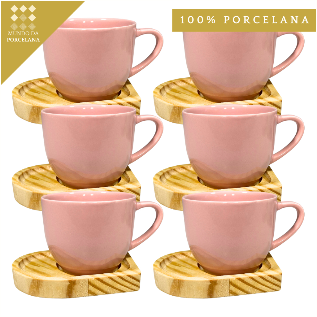 Xícaras Rosa de Porcelana com Pires Coração Madeira em Oferta na Shopee