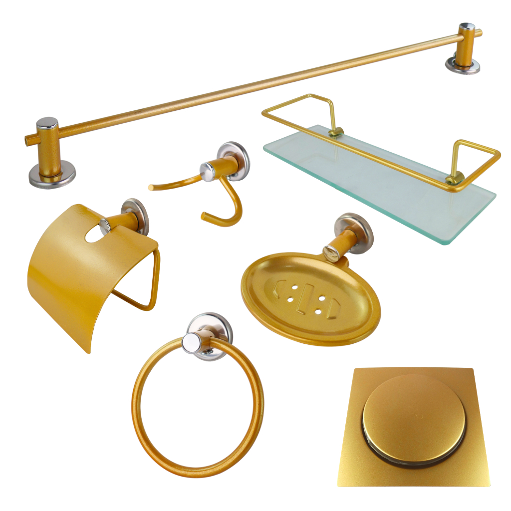 Kit Acessórios Para Banheiro Metal Inox + Porta Shampoo Vidro Reto + Ralo Click 10x10 Dourado 4077