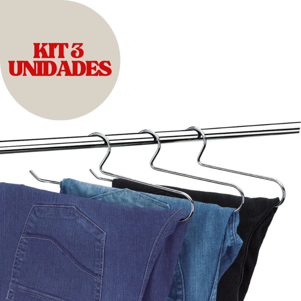 Cabide para Calça Kit 3 Unidades Jeans Adulto Aço Cromado Reforçado Guarda Roupa Roupeiro Calceiro