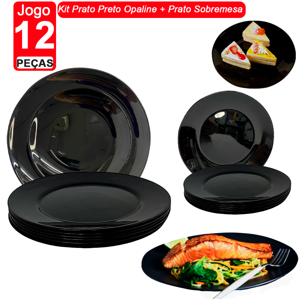 Kit 12, Jogo de Prato Redondo Preto Opaline Liso 6 Unidades 26,6cm + 06 Peças Prato Para Sobremesa Preto Opaline 19,5cm em Oferta na Shopee