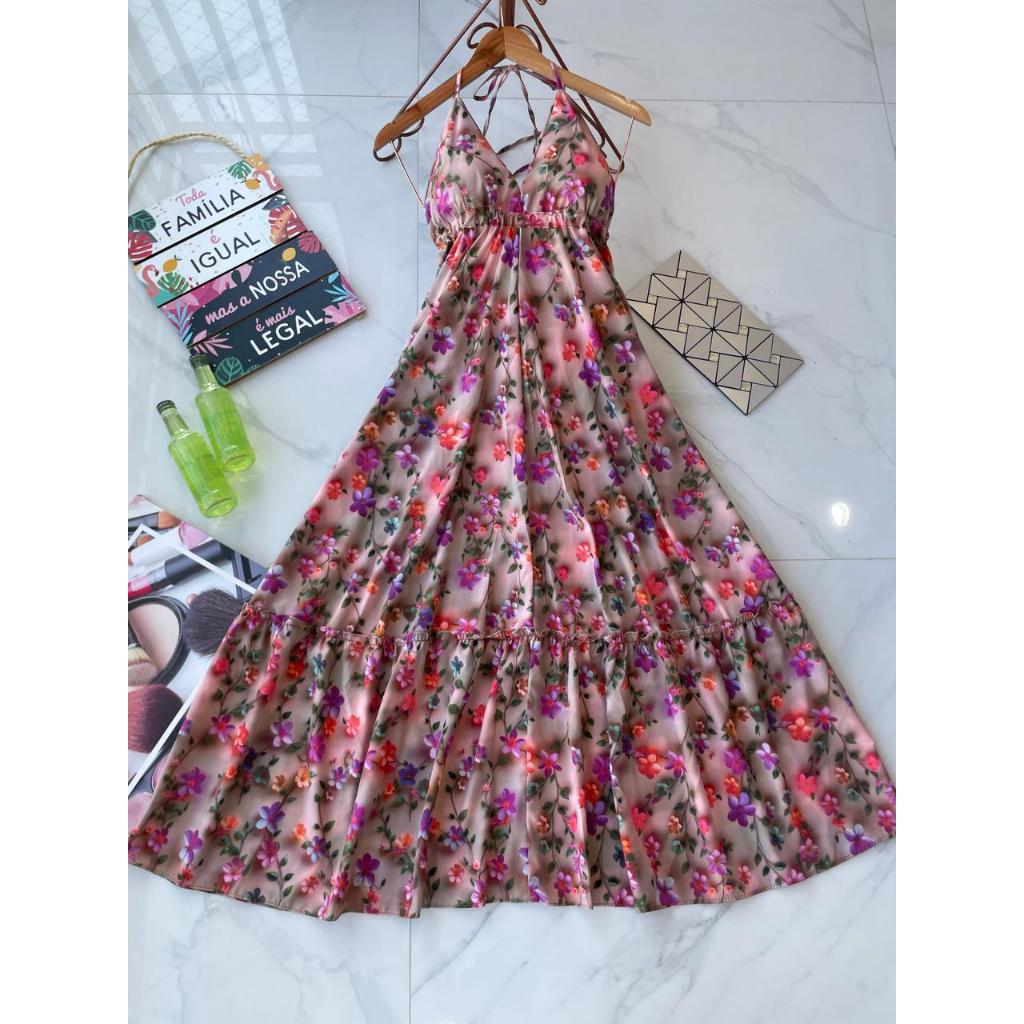 vestido longo com bojo costa nua alca fina tecido crepp modelo novo v0105