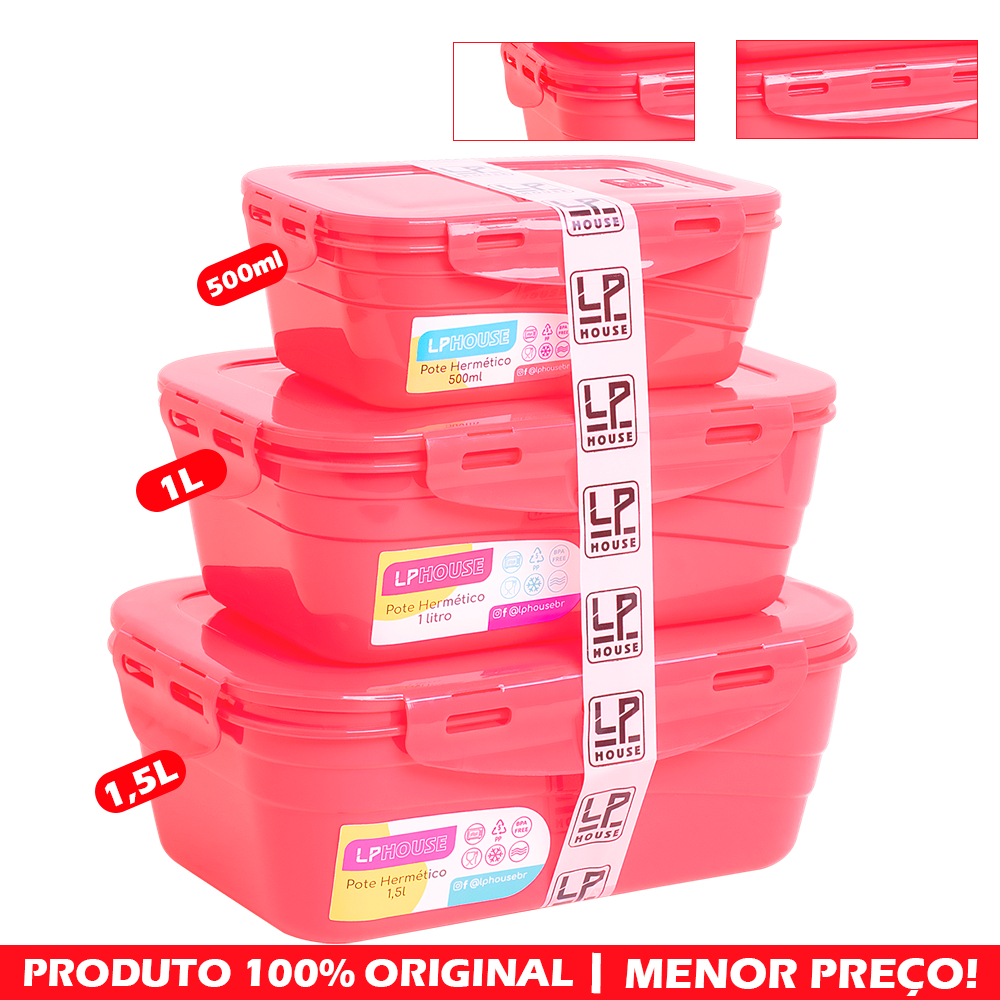 Kit 3 Potes Hermético Colors 500ml/1L/1,5L,  Resistente Tampa Trava Vedação, Marmita Organizador, Microondas, Freezer em Oferta na Shopee