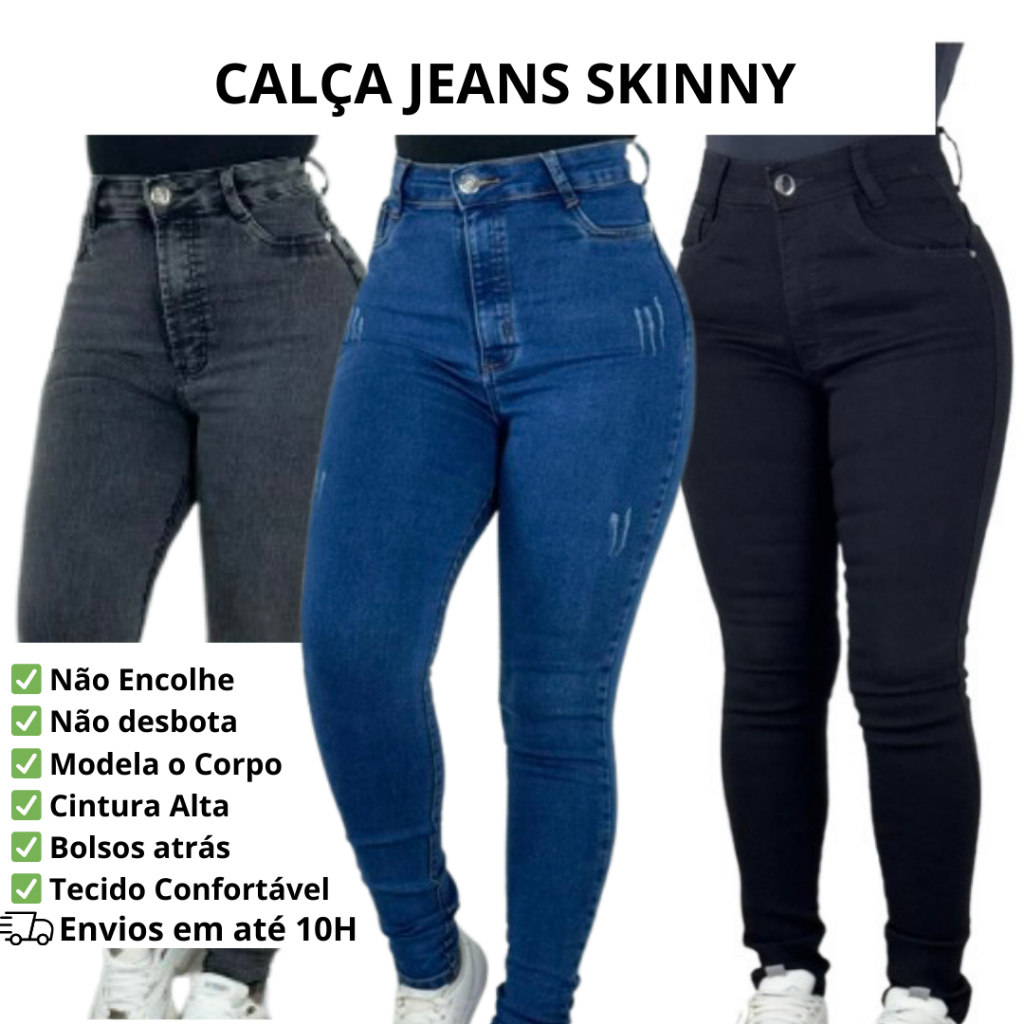 Kit 3 Calças Skinny Feminina Premium Jeans Levanta BumBum Jeans Grafite Cintura Alta Preta