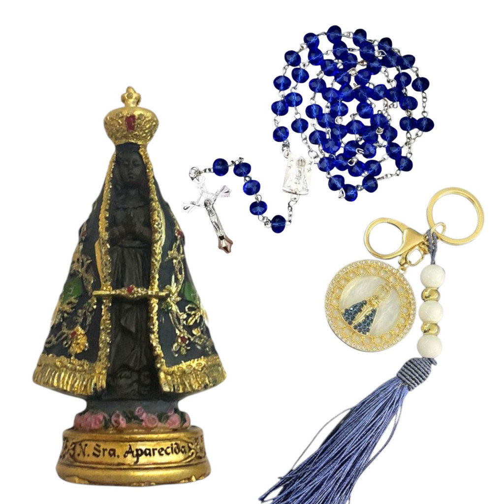 Kit presente nossa senhora aparecida imagem terço chaveiro padroeira do brasil luxo resina cristal lindo dia maes
