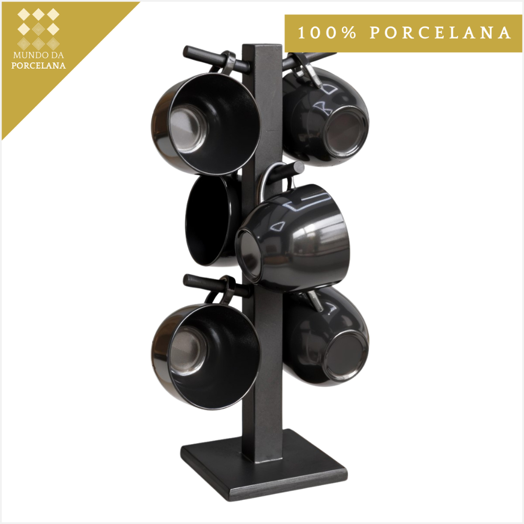 Kit 6 Xícaras Pretas Café com Suporte de Madeira Preto
