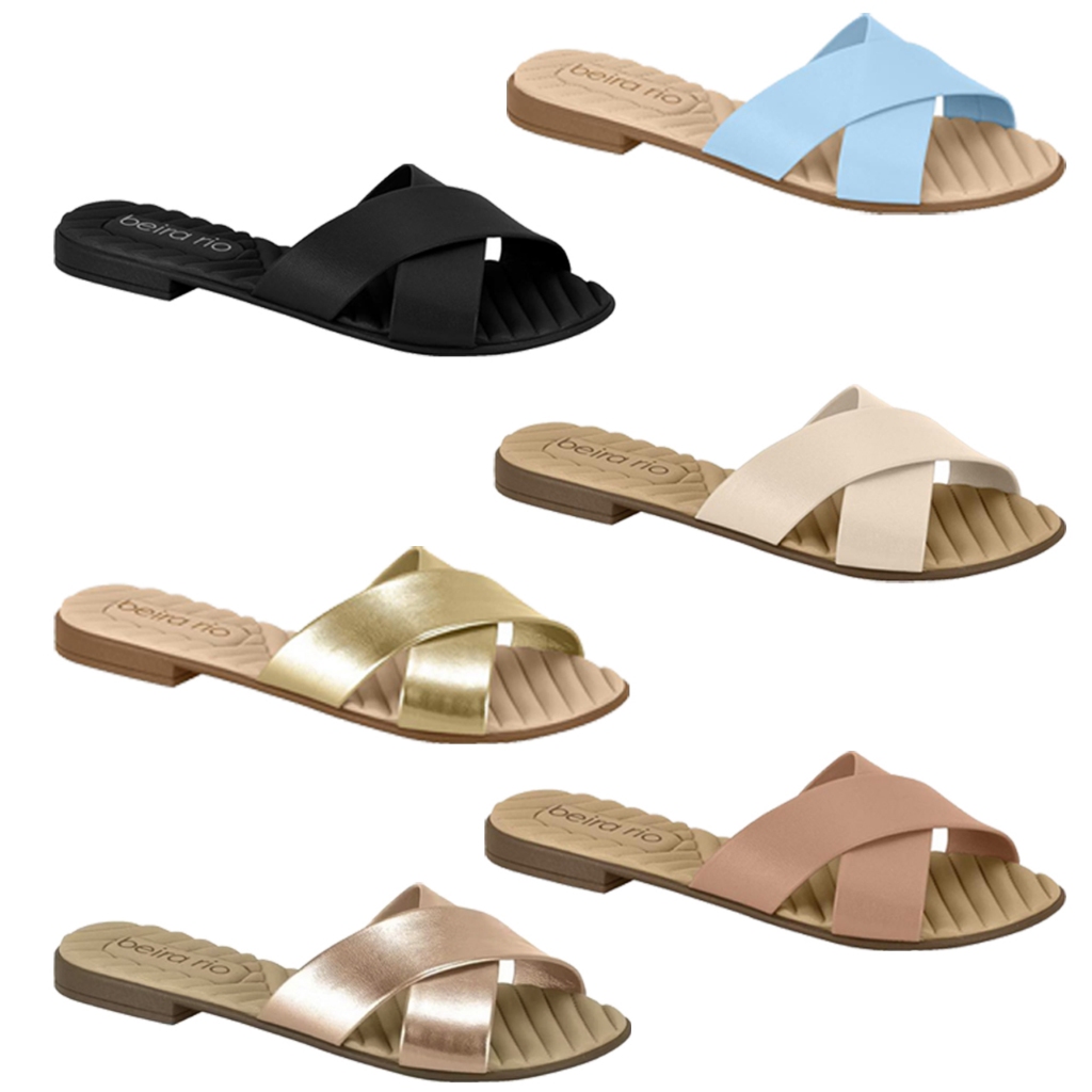 Sandalia Beira Rio Rasteira Napa Turim Slide cintas cruzadas Preto/Creme/Dourado/Azul/Nude/ouro