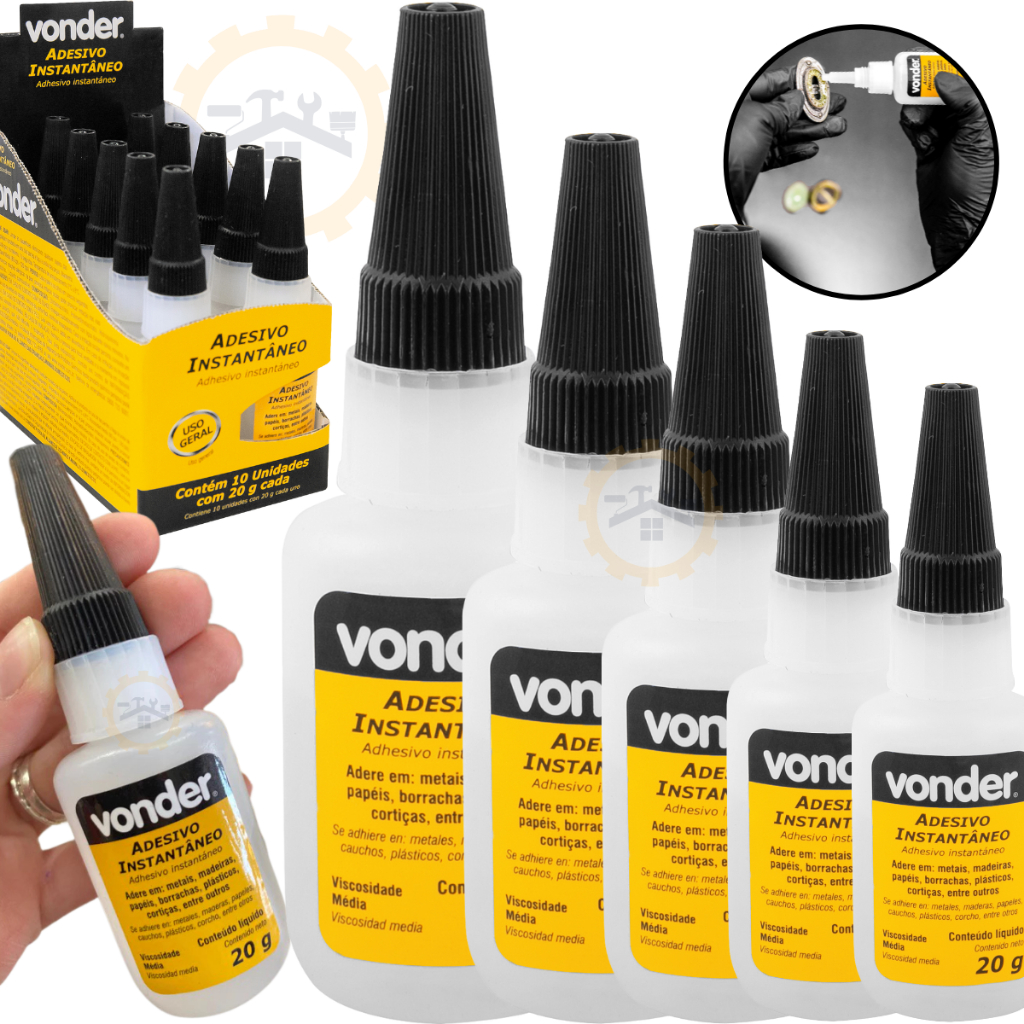 Kit 5 Cola Super bonder Adesivo instantâneo cianoacrilato, industrial, 20g VONDER em Oferta na Shopee