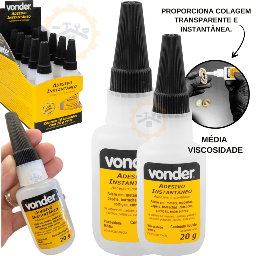 De 1 até 4 Cola Super bonder Adesivo instantâneo, Unhas, Madeira, Multiuso, Couro, industrial, 20g VONDER em Oferta na Shopee