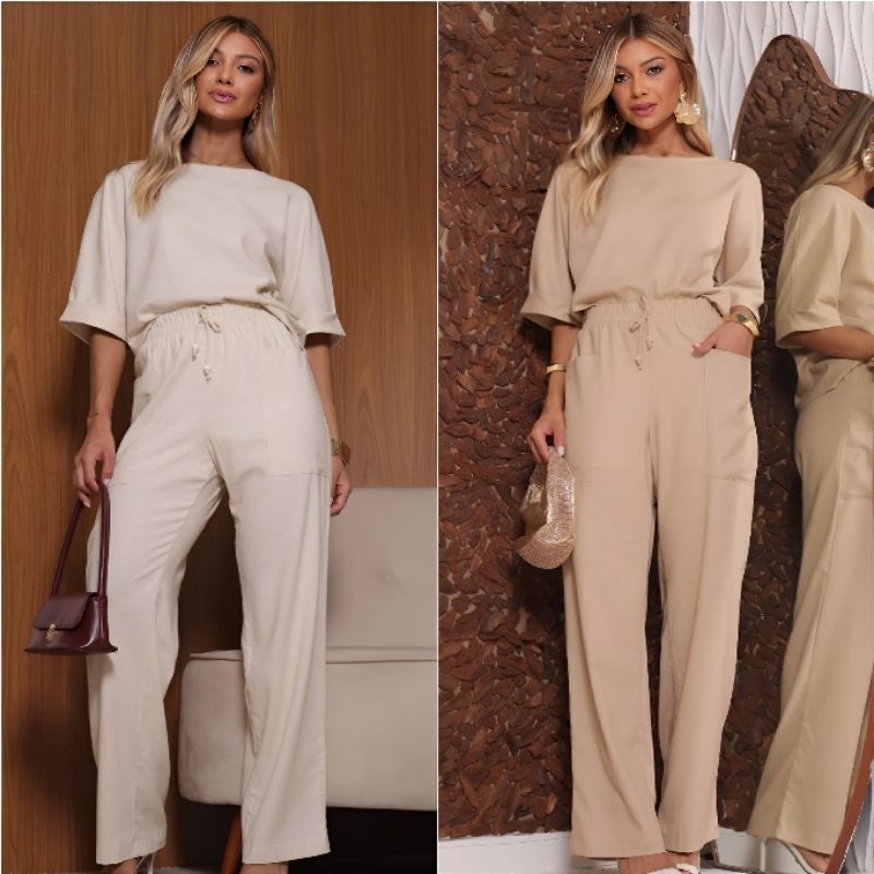 Conjunto alfaiataria feminino social calça e  blusa com manga feitos em linho elegante