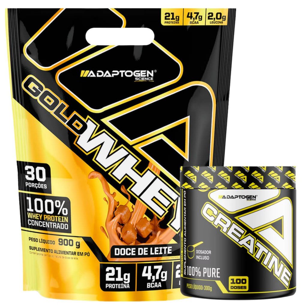Gold Whey Refil 900g Sabores + Creatina 300g - Adaptogen em Oferta na Shopee