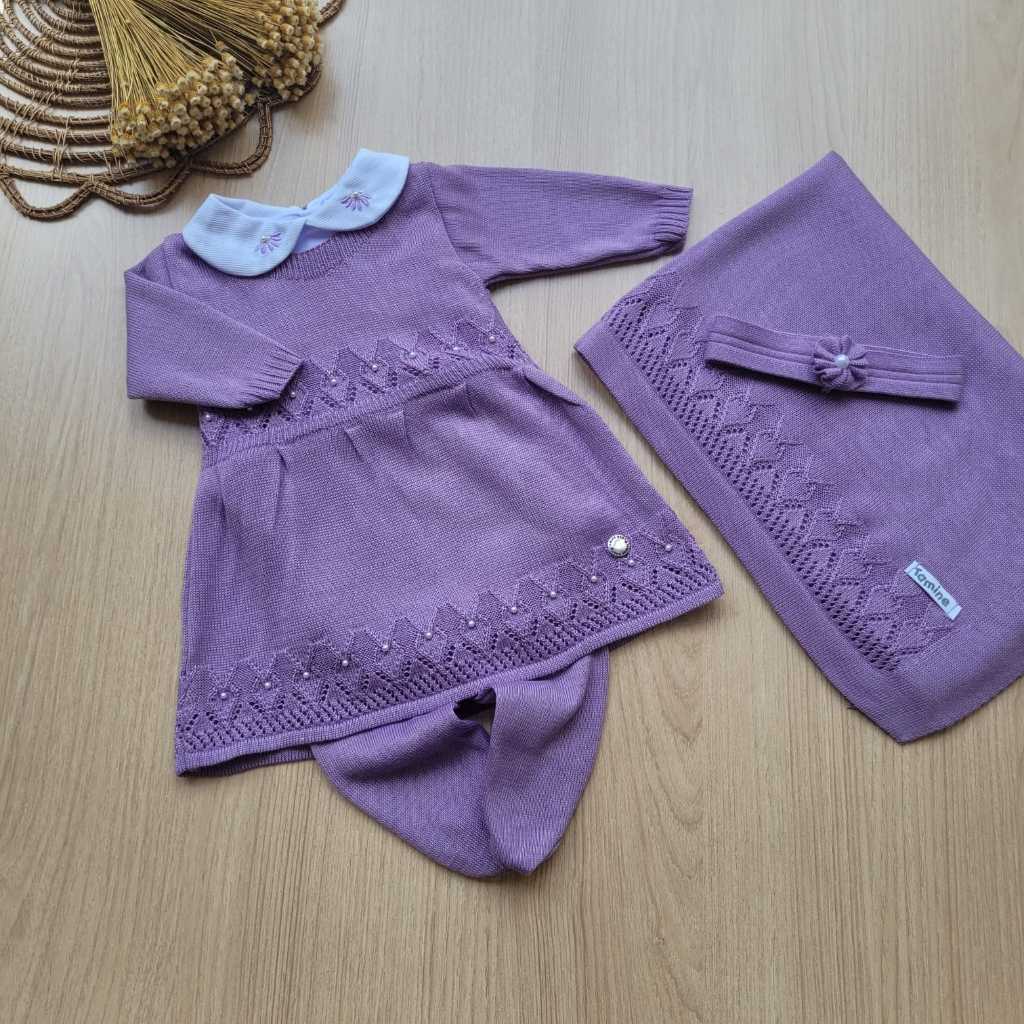 Saída de maternidade menina vestido Gabriela lilás tricot 5 peças completa em Oferta na Shopee