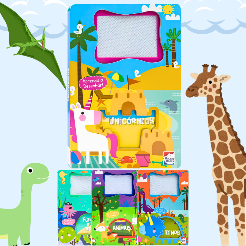 Coleção Livro De Desenho Infantil Com Lousa Mágica Animais Dinossauros Unicórnios- Desenhe E Apague em Oferta na Shopee