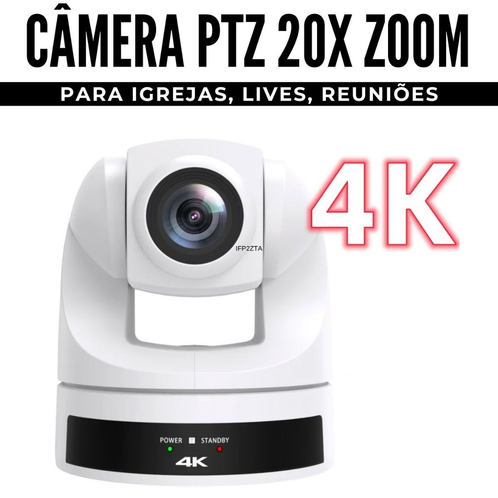 Câmera PTZ 20X Zoom Óptico 360º para Cultos, Igrejas, Lives, Reuniões, Segurança 4K Videoconferência