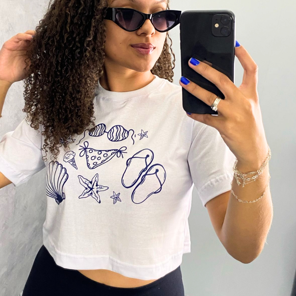 Cropped Blusa Feminina Praia Simbolos Mar Concha Estrela Do Mar Casual Minimalista Algodao